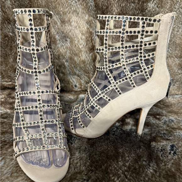 Cora Crystal Cage Vamp Heels Nude Sandals - Picture 1 of 5